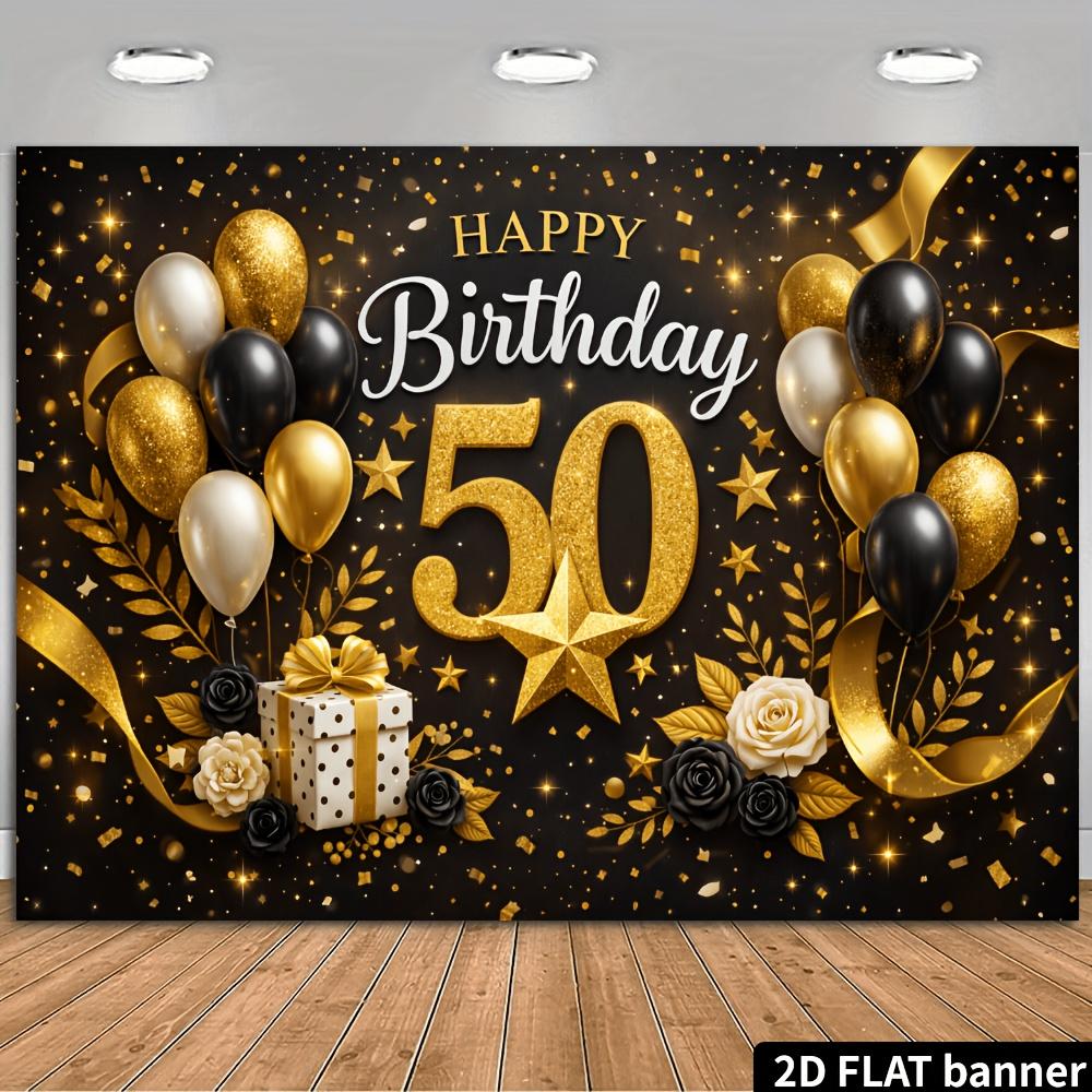 2D plane 50th birthday party background with black and gold foil design featuring the words  Happy Birthday 100x150cm