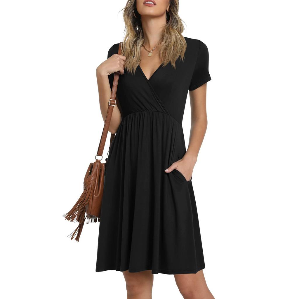 Women's Ladies Summer Casual Loose Color V-Neck Short Sleeve Dress