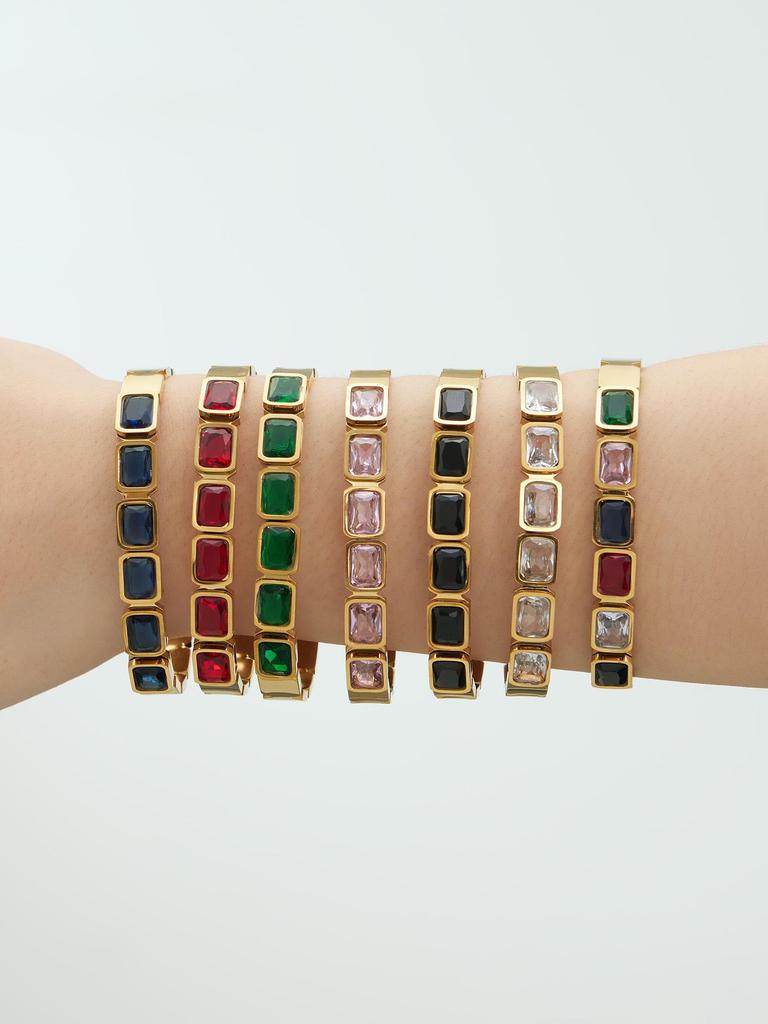 18K Gold Plated Stainless Steel Bracelet with Square Colored Glass Stones In Trendy European and American Niche Design - Fade Resistant.