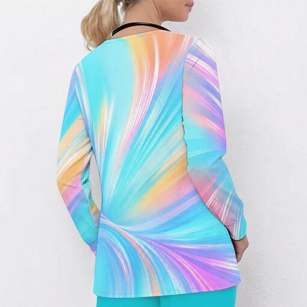 Women Plus Size Colorful Printed Nurse Scrub Top V Neck Long Sleeve With Front Pockets