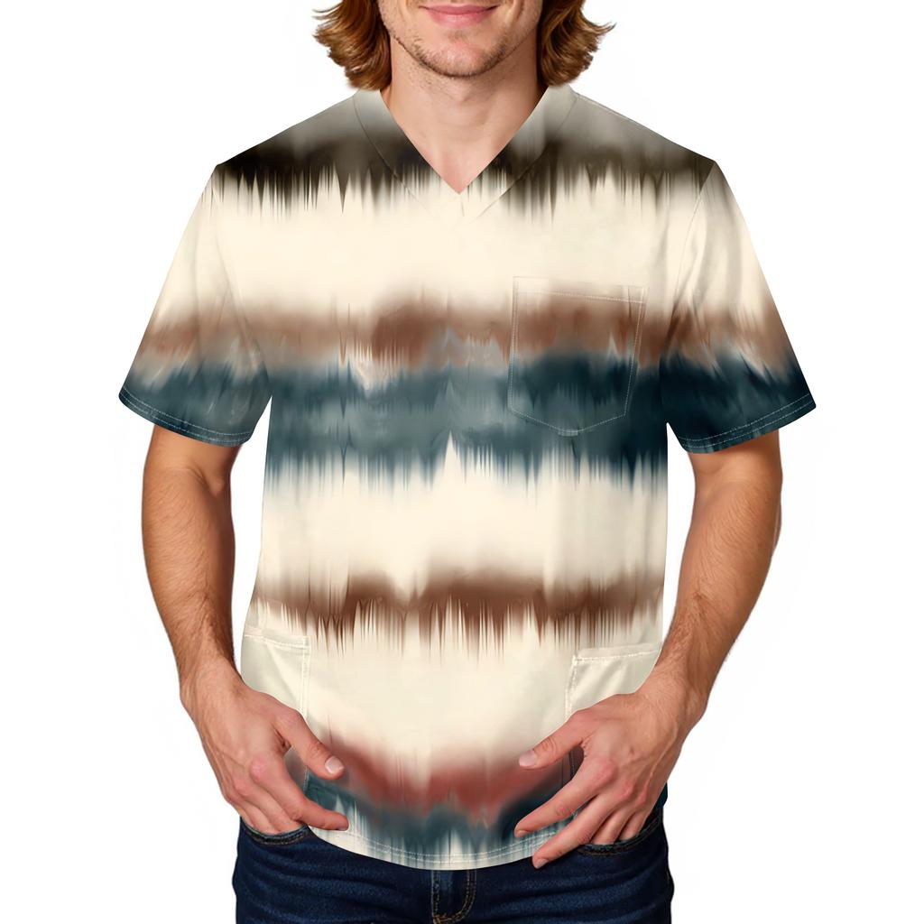 Unisex V Neck Short Sleeve Printed Scrub Top with Pocket and Tie Dye Pattern for Uniform