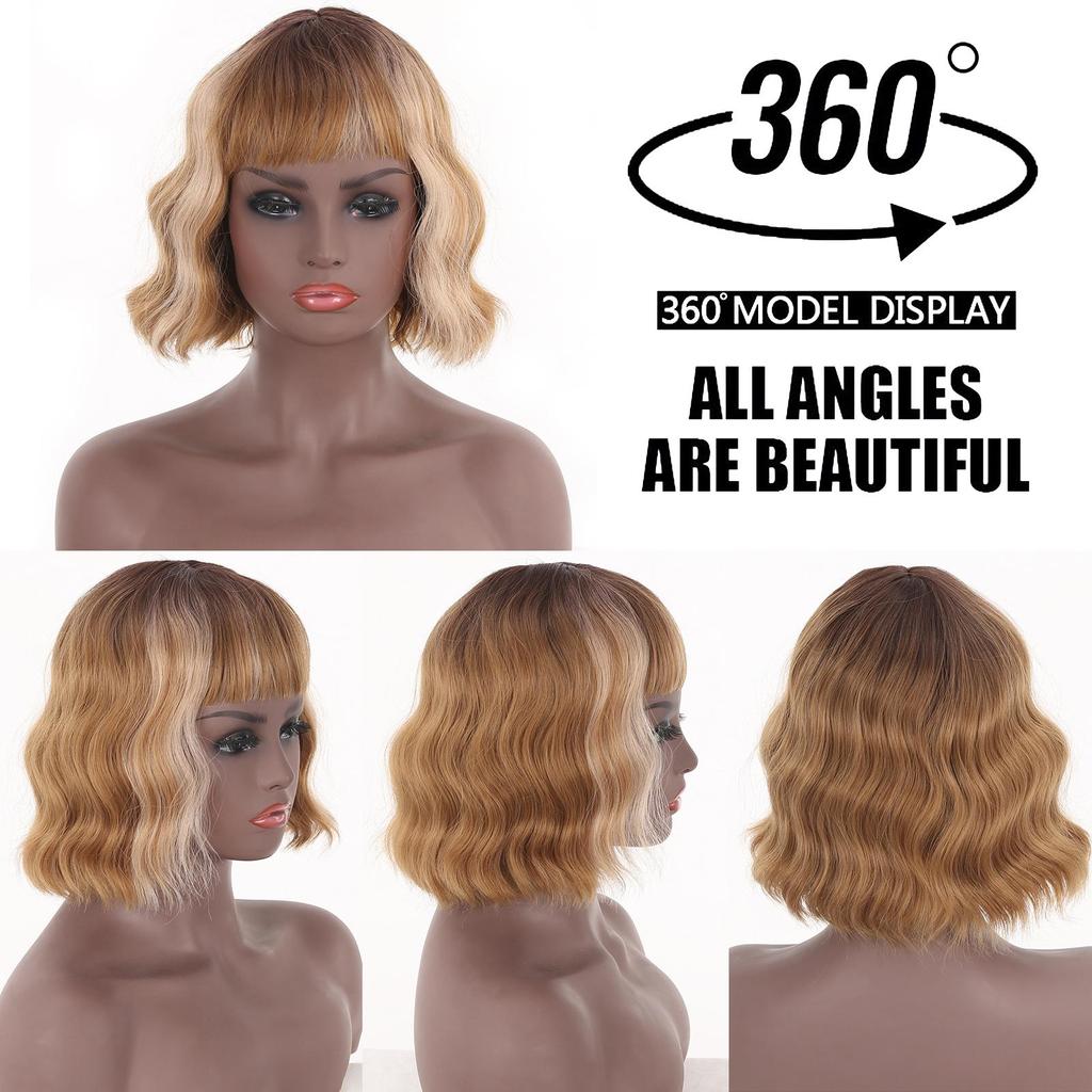 Short Wave Bob Wigs  for Women Natural Bangs Heat Resistant Wavy Synthetic Wig Daily Wear Cosplay Curly Hair