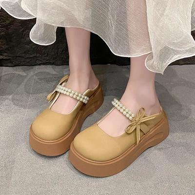 New Pearl Thick Bottom Heightening Muffin Non-slip Slippers Female Mary Jane Bow Spring Cute 2025 Bag Head Drag