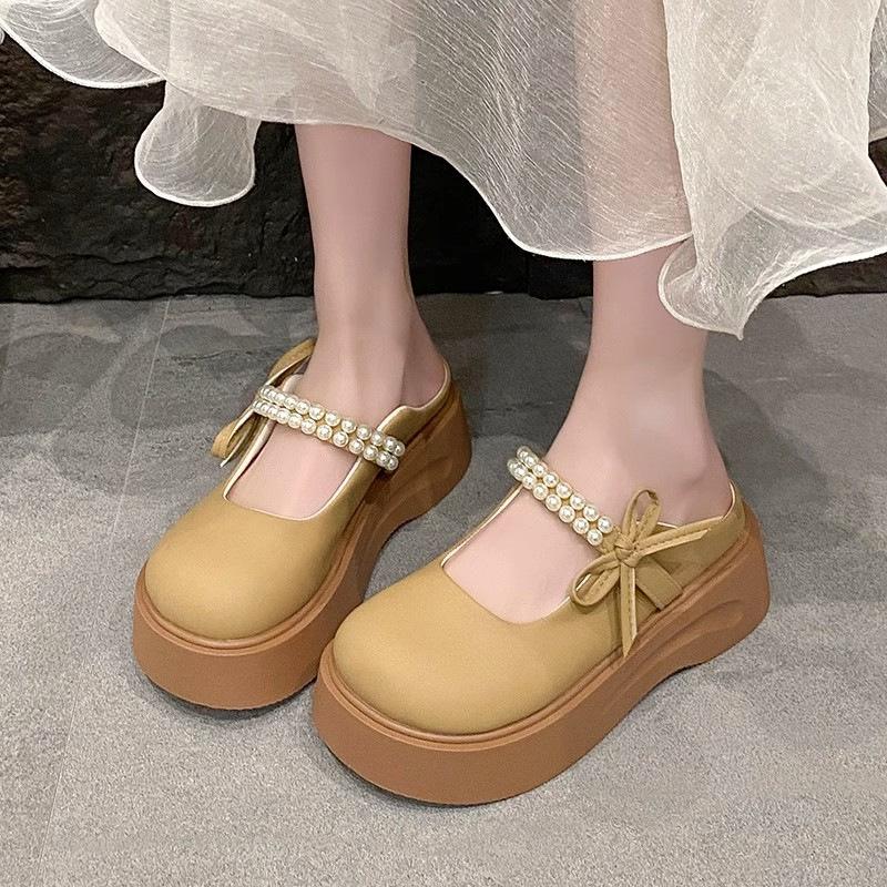 New Pearl Thick Bottom Heightening Muffin Non-slip Slippers Female Mary Jane Bow Spring Cute 2025 Bag Head Drag