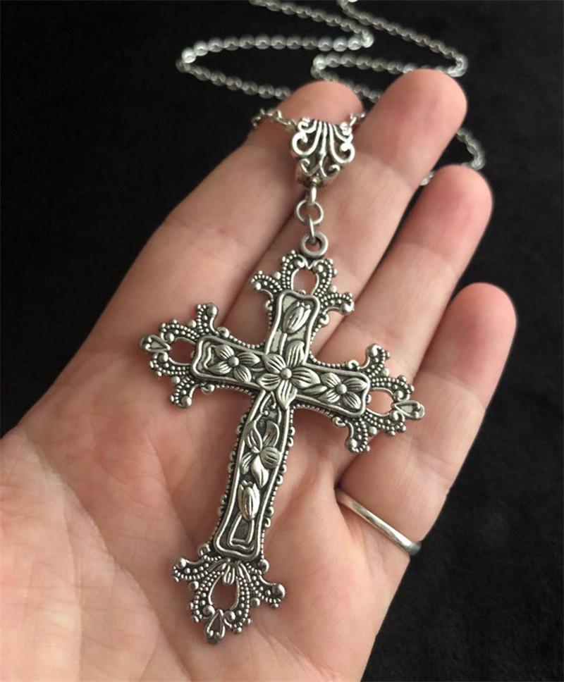 Gothic Victoria Silver Color Lacework Relief Flowers Large Cross Pendant Necklace for Men Women Halloween Punk Jewelry Accessory
