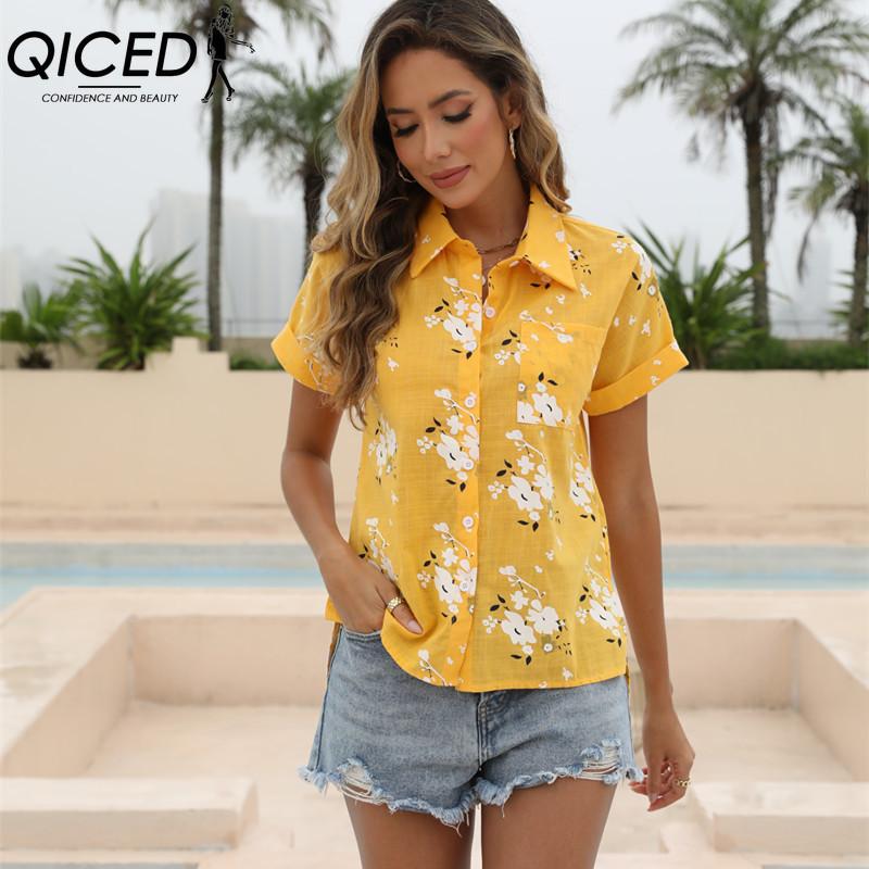 

QICED Женские модные повседневные блузки и рубашки-поло с короткими рукавами и воротником-стойкой XXXXXL жёлтый