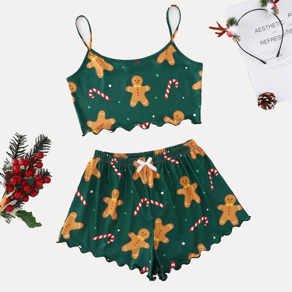 Women's Christmas Pajama Set: Snowflake & Deer Camisole Tank Top with Shorts