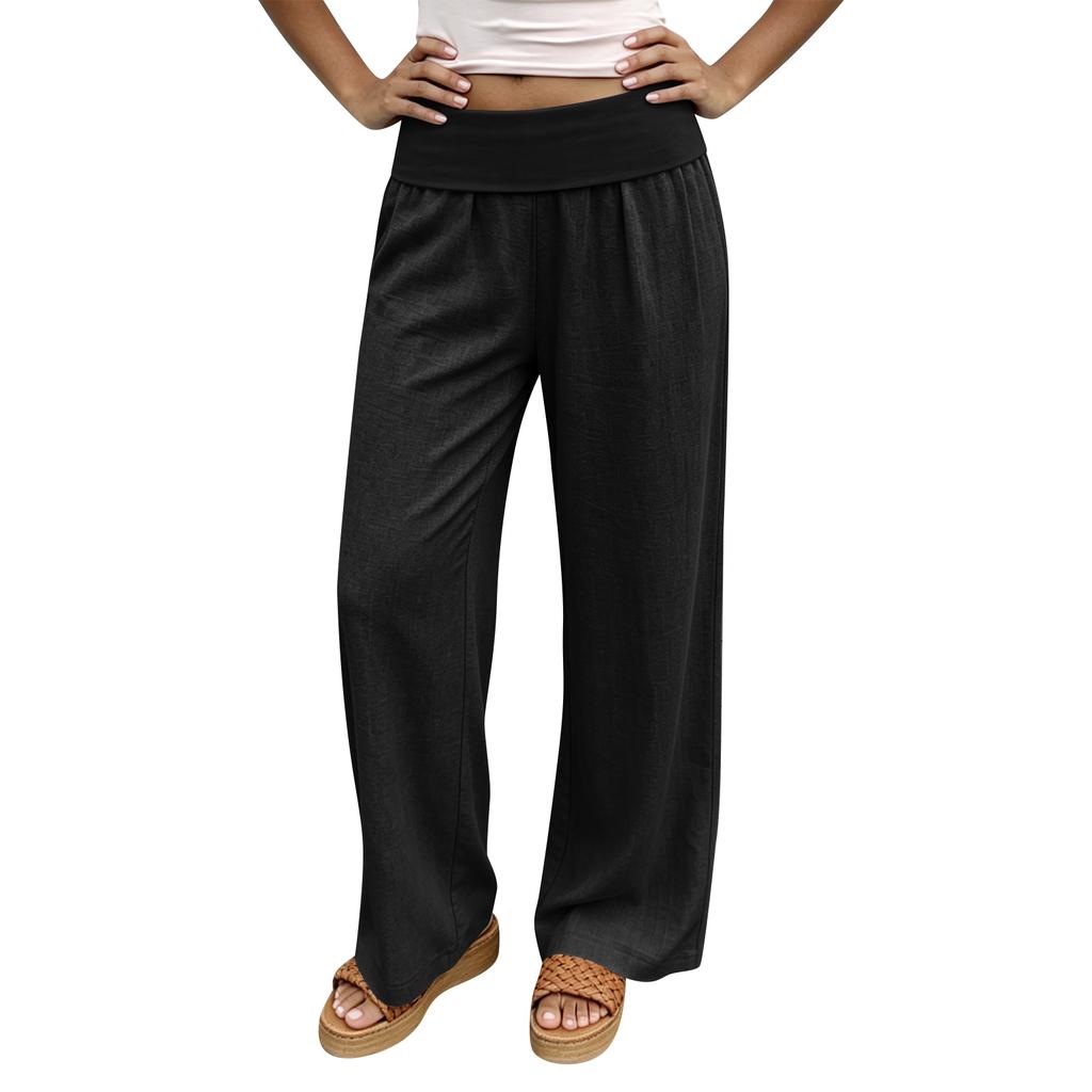 Women Loose Fit Wide Leg Pants Casual Cotton Linen High Elastic Waist Long Trousers with Pockets for Everyday Wear