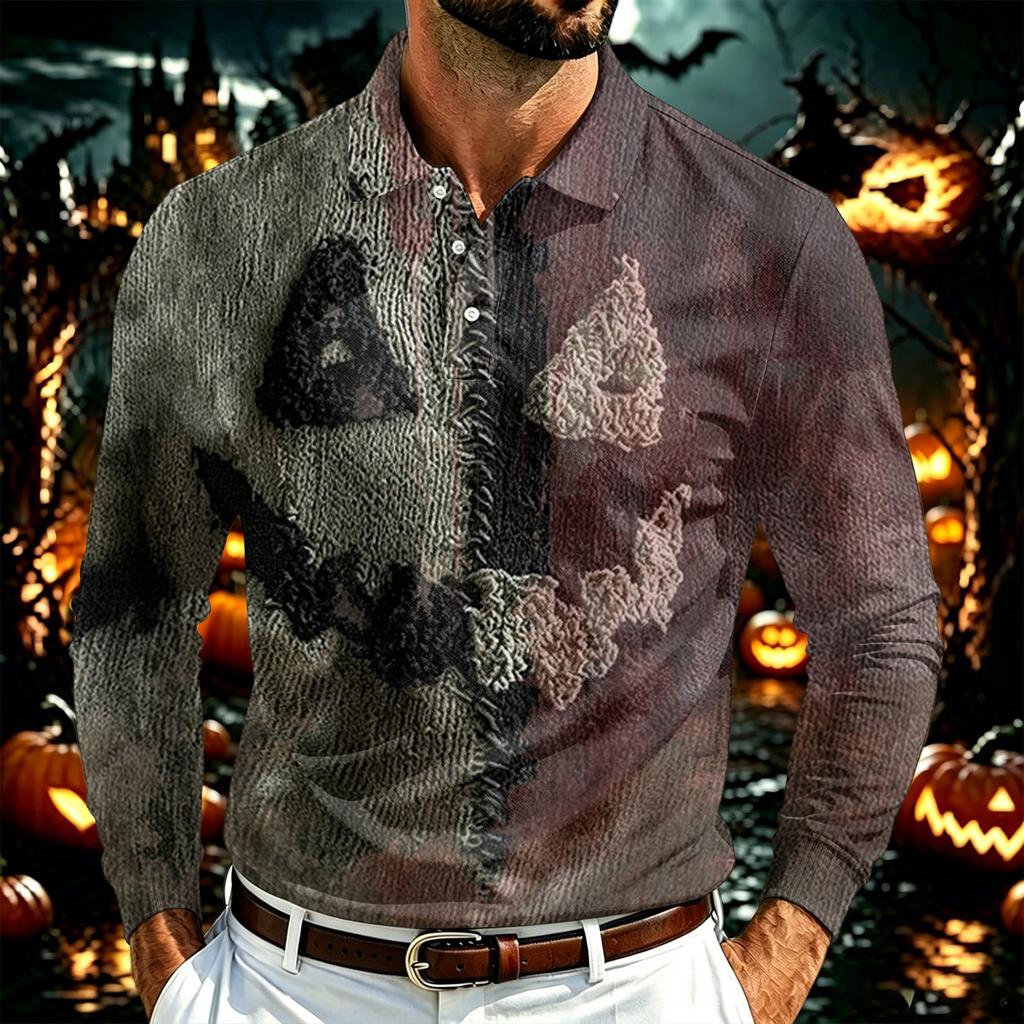 Herren Langarm Poloshirt Leichtes Atmungsaktives Netzgewebe Lässiges Hemd mit Knöpfen Halloween Geister-Aufdruck Design