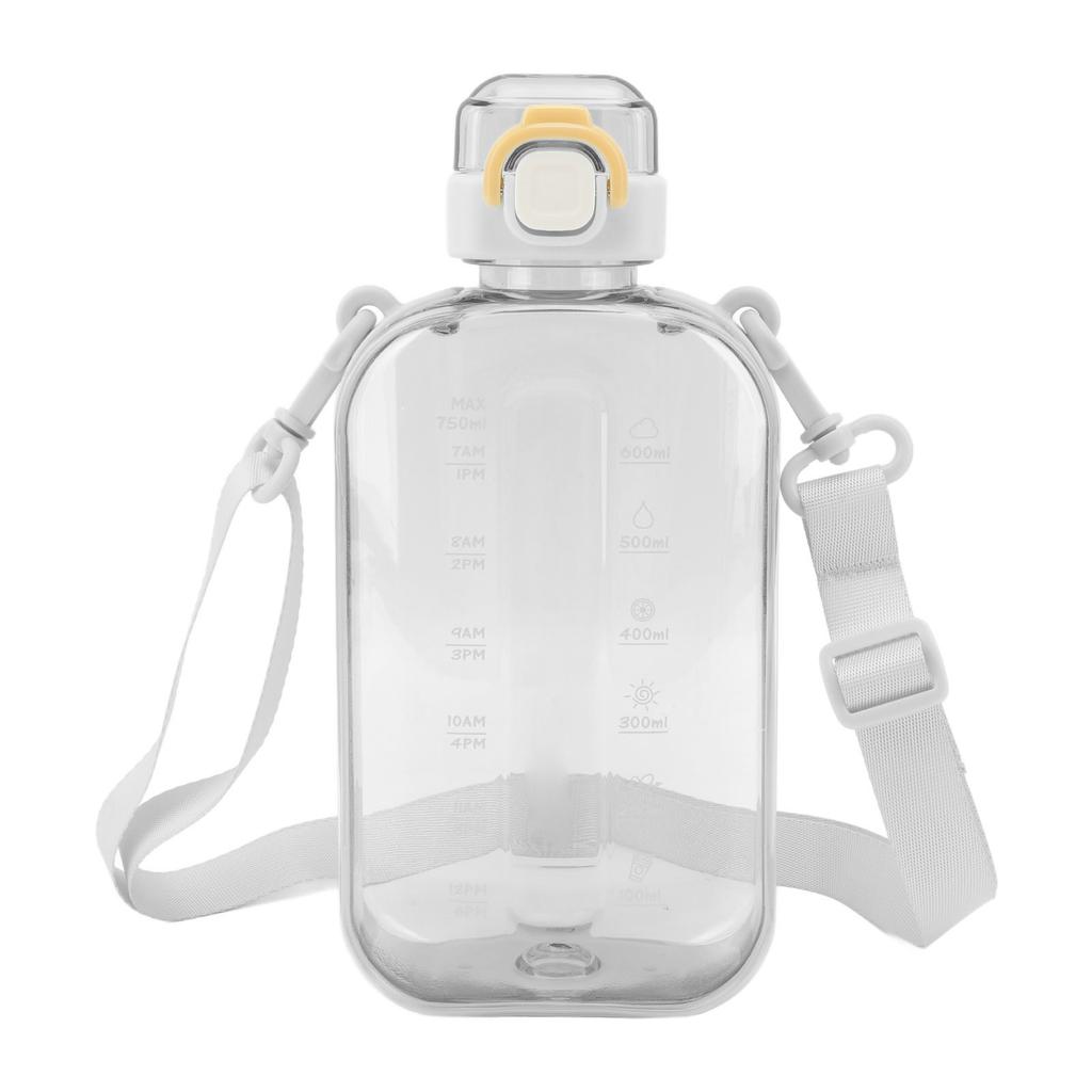 750ml 25oz Large Capacity Motivational Water Bottle Portable Sports Water Kettle with Time Marker Shoulder Strap White
