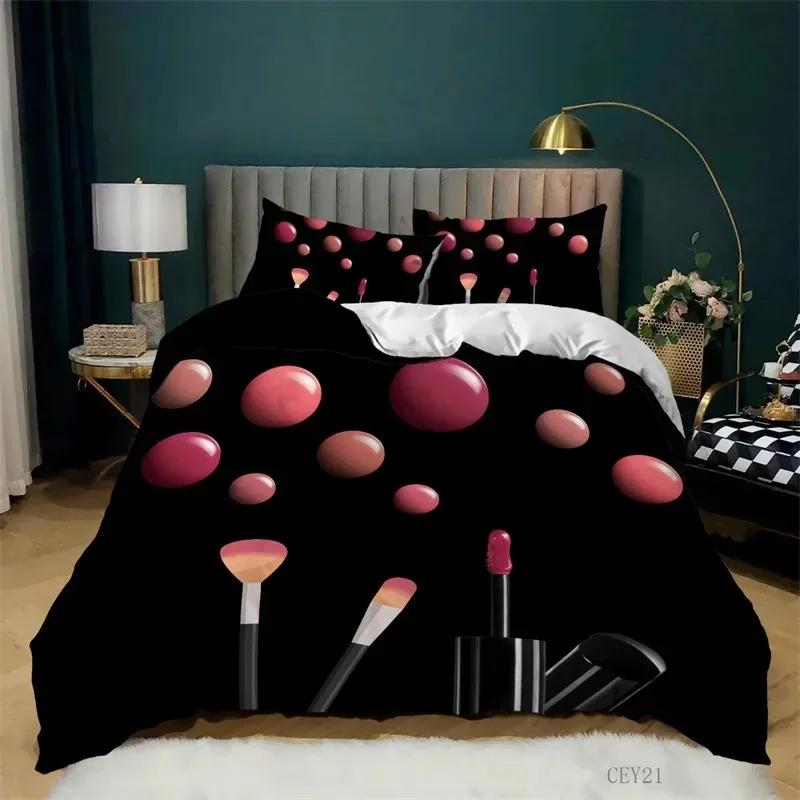 Fashion Bedding Set Makeup Cosmetic Theme Duvet Cover Polyester Perfume Lipstick Nail Polish Brush Print Quilt Cover King Size