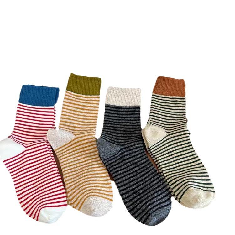 Korean Striped Cotton Mid-Calf Socks for Women - Spring/Autumn Trendy Long Socks, Summer Thin Style
