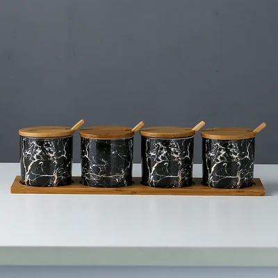 Kitchen seasoning tools ceramic seasoning jar set marble pattern cruet bamboo tray kitchen supplies seasoning box salt shaker
