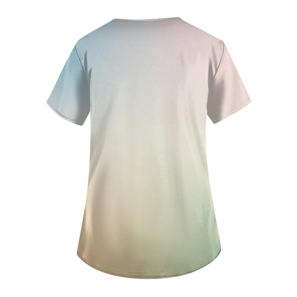 Women's fashionable V-neck short-sleeved pocket protective work uniform with printed design