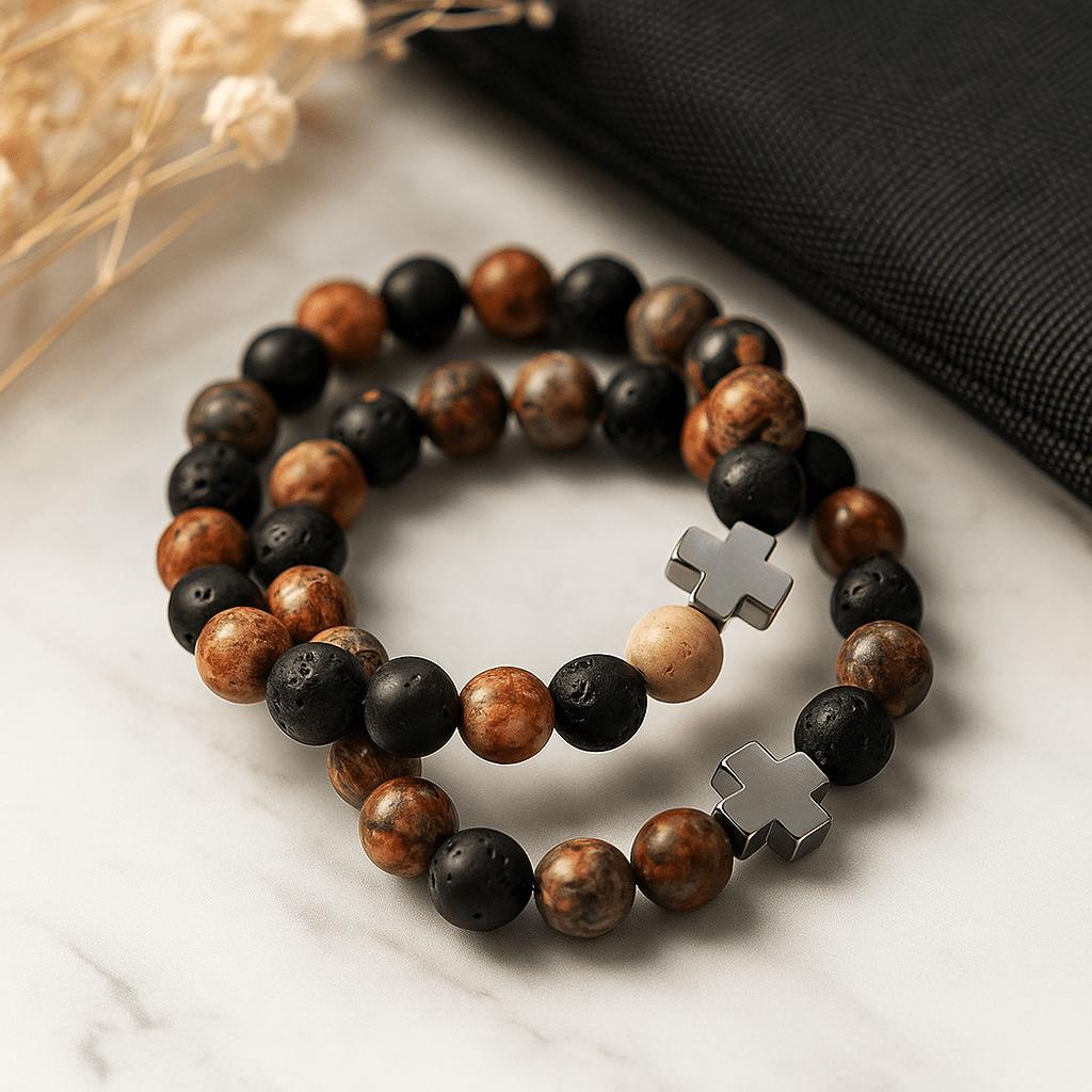 Couples Bracelets Pair Leopard Skin Jasper Lava Stone
