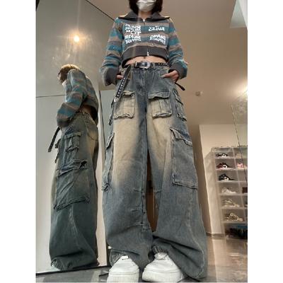 Multi Pocket Design High Street American Workwear Jeans Women's Wide Leg Loose Pants