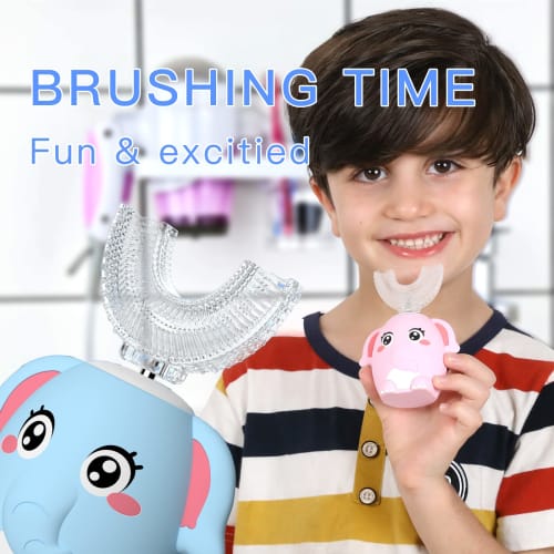 ELOTAME Kids' Electric U-Shaped Toothbrush, Rechargeable Sonic Toothbrush with 4 Brush Heads, Full Mouth, and 6 Cleaning Modes - (Ages 8-15, Blue)