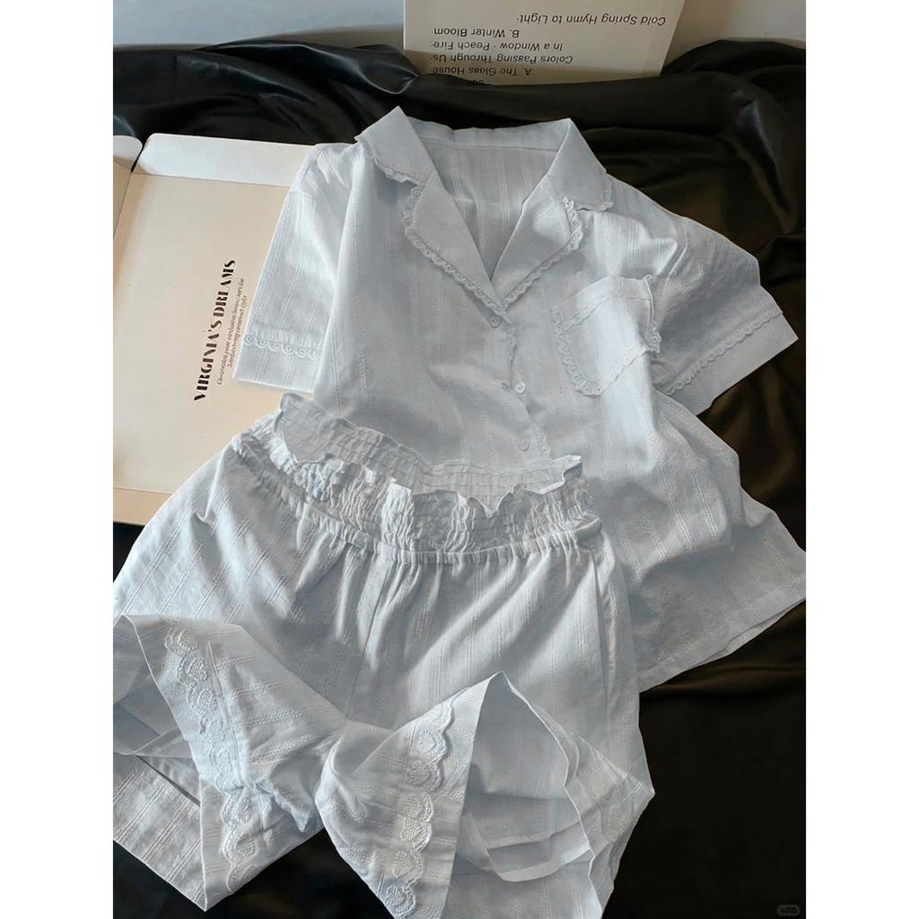 Gentle wind short-sleeved pajamas women's pure cotton can be worn outside cardigan shorts loungewear large size set 1011 new models