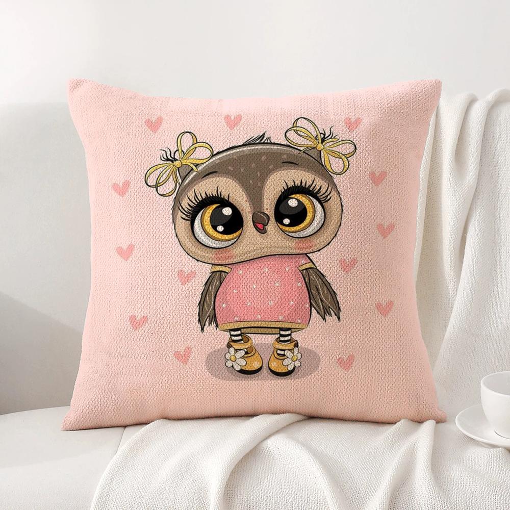 Cute Cartoon Owl Cushion Cover Natural Linen Organic Fabric DoubleSided Printing Sofa Home Decor Breathable Bed Pillow
