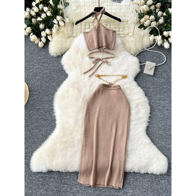 Pure Desire Sexy Waist Trimming Halter Spaghetti Straps Vest Women's Chain Design Slim-Fit Slit Hip-Wrapped Skirt Knitting Suit