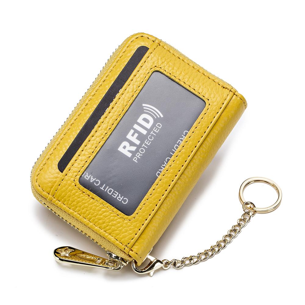 Genuine Leather Men Women Rfid Credit Card Holder Small Zipper Wallet Solid Coin Purse Key Ring ID Pocard Slot Mini Money Bag