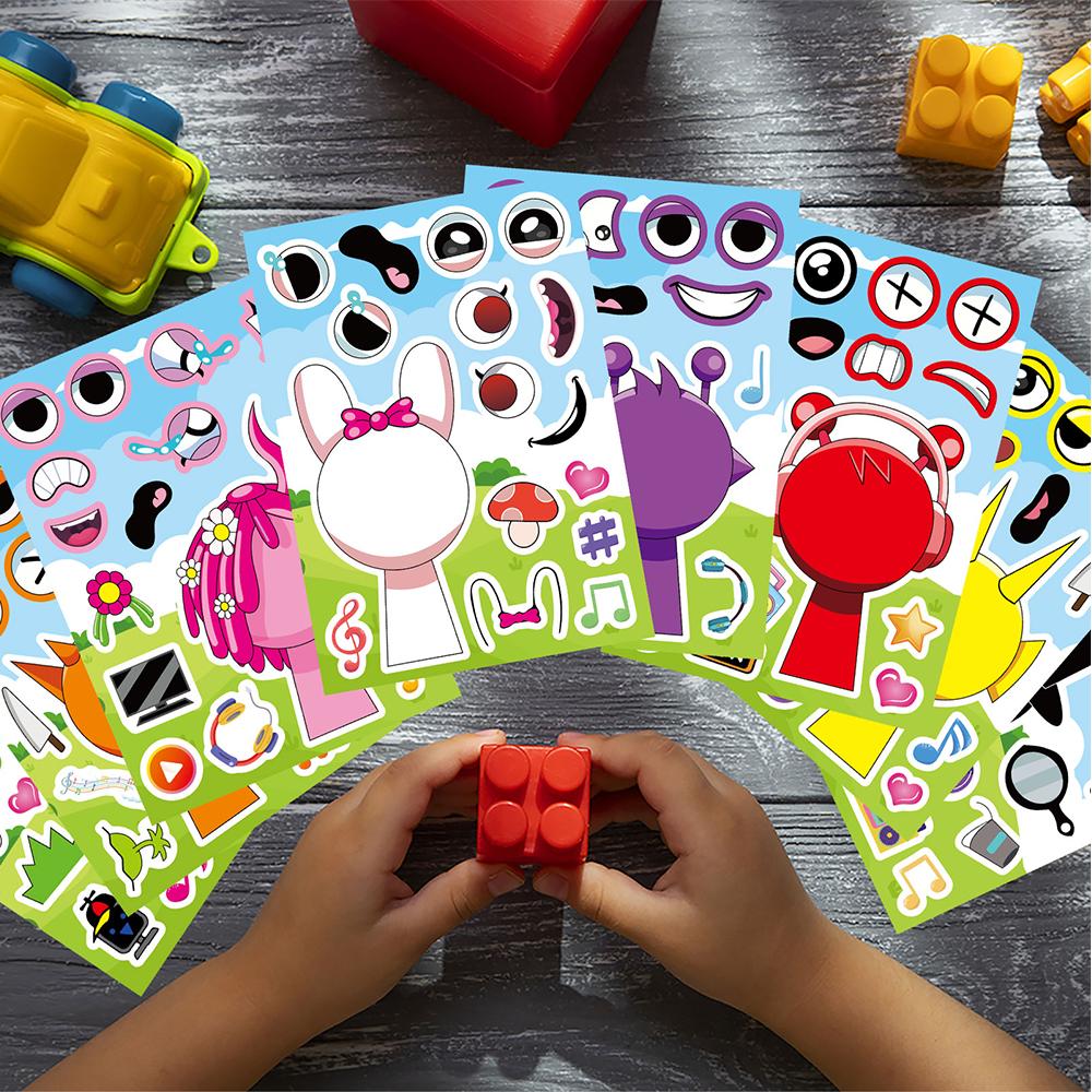 8/16Sheets Anime Sprunki Funny Puzzle Sticker Make a Face Decals Game Kids Toys Cartoon Assemble Jigsaw Children Party Gift