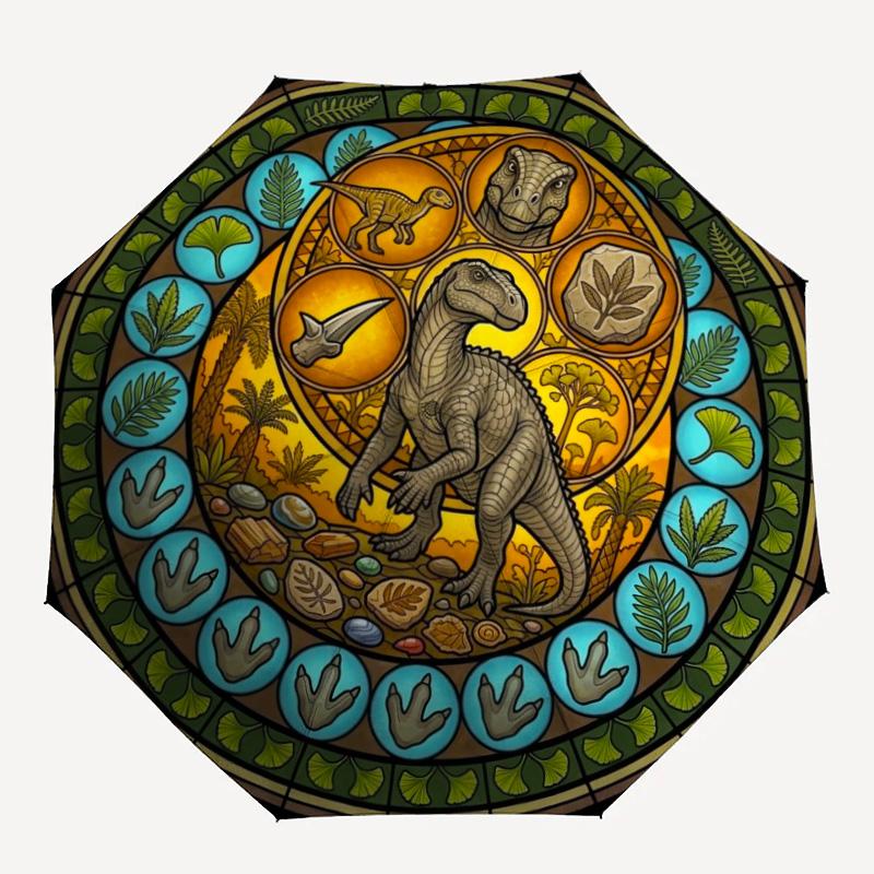 Dinosaur Glass Art Pattern Umbrella, Portable and Foldable Design, 8 Ribs, a Casual Accessory for Halloween, Christmas, and Birthday Gifts.