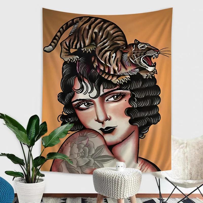 VIKAMA Vintage Tattoo Women And Beast Tapestry Interior Creative Home Decoration Tapestry For Wall Decoration Items