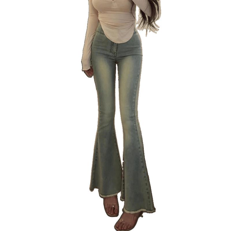 Retro High-Waisted Fishtail Flare Jeans - Women's Slimming Stretch Raw Hem Wide-Leg Pants