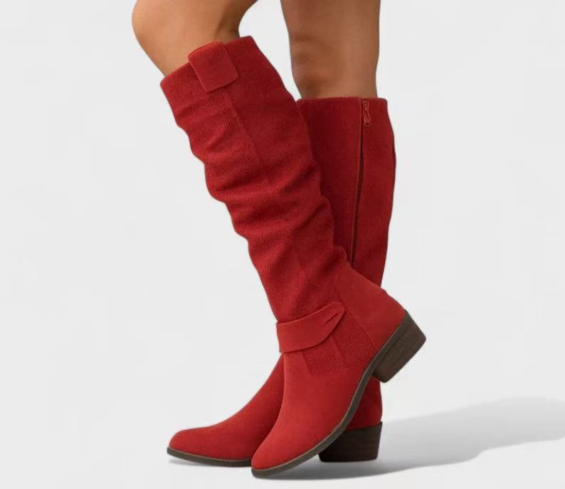 New casual low-heel side zipper burned flower high women's boots