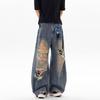 Summer new ripped jeans American retro men's and women's loose wide-leg pants washed and old design mopping pants