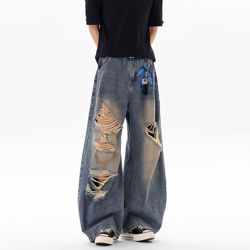 Summer new ripped jeans American retro men's and women's loose wide-leg pants washed and old design mopping pants