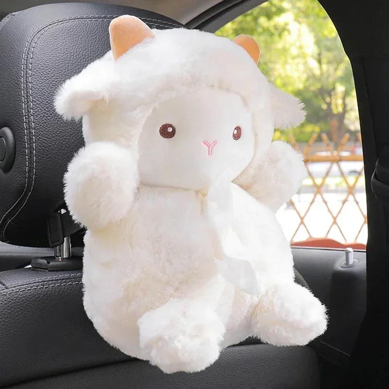 Car Mounted Fixed Tissue Box Cute Plush Doll Shape Lamb and Pig Shape Doll Hanging Decoration Tissue Holder Tissue Box Car Decor