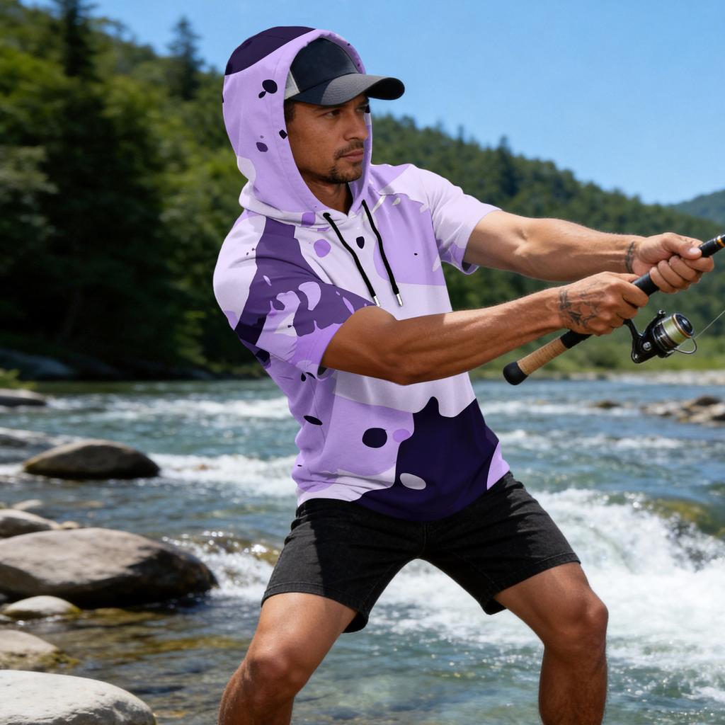 Men's Camouflage Print Raglan Sleeve Casual Sport Fishing Sun Protection Short Sleeve Hoodie Lightweight Breathable Outdoor Shirt
