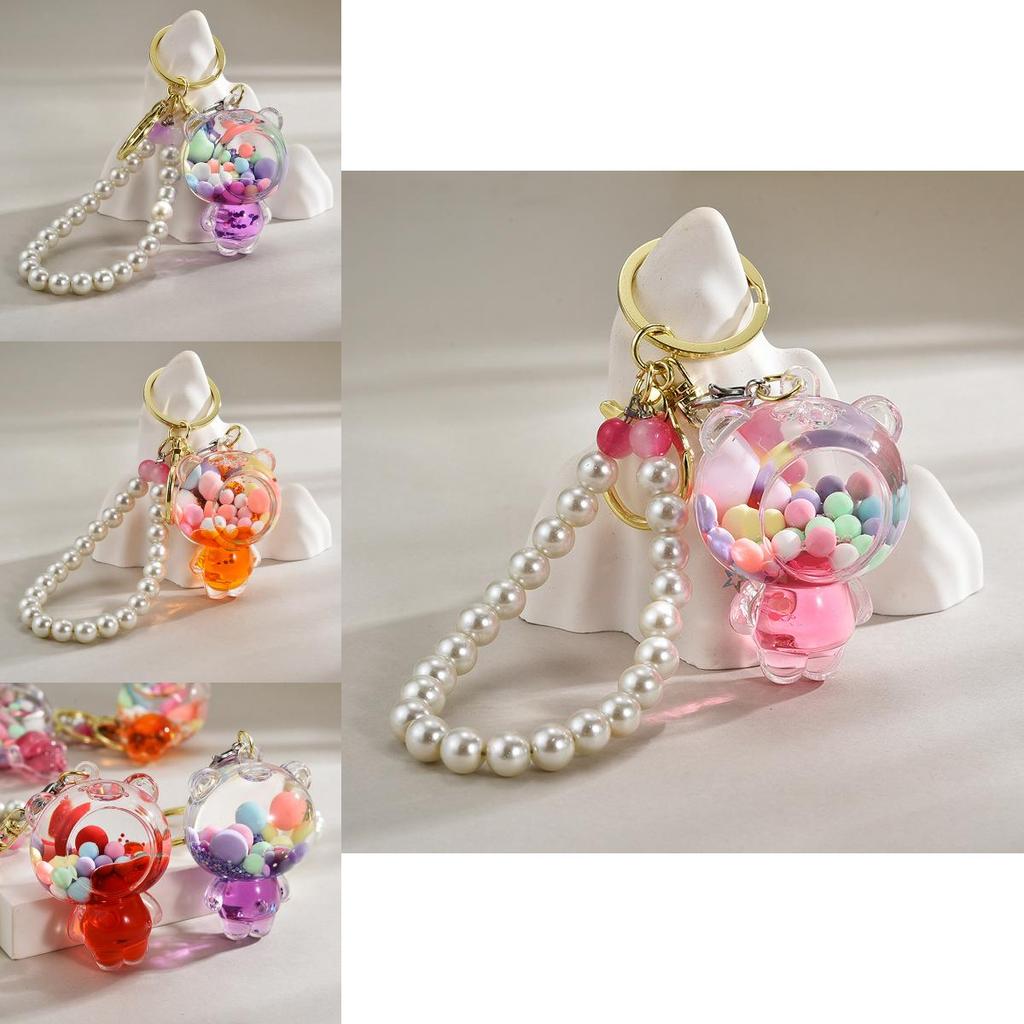 Acrylic Colorful Bead Bear Keyring With Pearl Chain For Children Gift And Celebration
