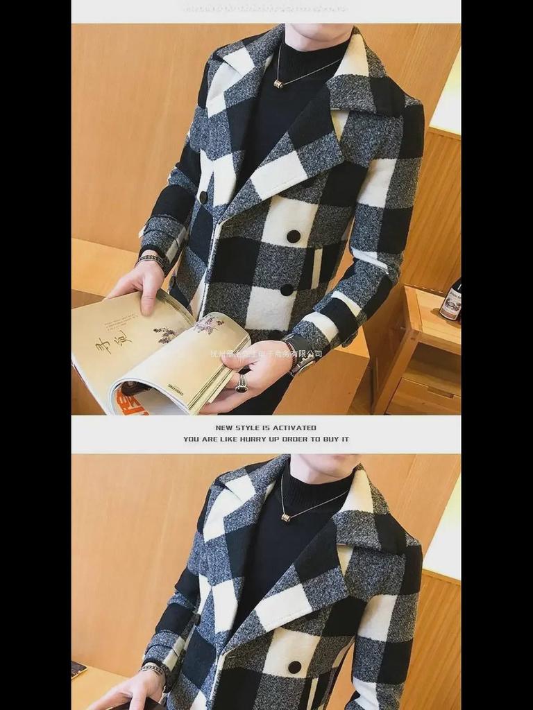 Men's Slim Double-Breasted Plaid Wool Trench Coat – Stylish Korean Suit Collar