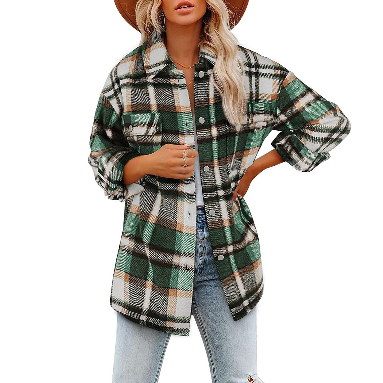 

Женские клетчатые рубашки с начесом, фланелевая куртка с длинными рукавами и лацканами на пуговицах и карманами, пальто XXL зелёный
