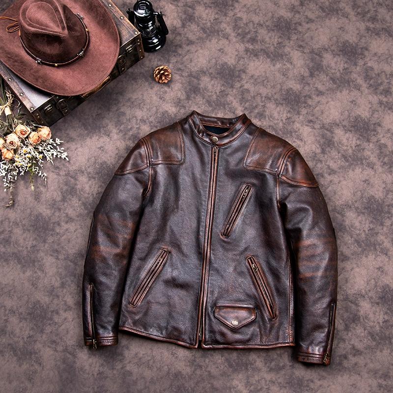 

Китайский размер винтажная мужская натуральная кожаная куртка Tea Core толщина коровьей кожи 1,6 мм дубленая масляная вощеная натуральная кожаная куртка тяжелая толстая 5XL