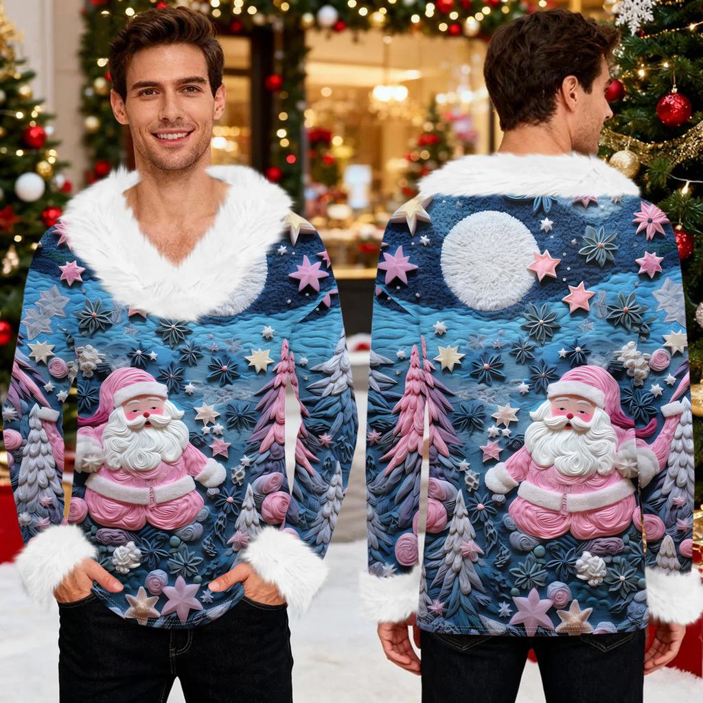 Męska bluza z kapturem z nadrukiem świątecznym, podszyta polarem | Sweter imprezowy z imitacją obszycia i kieszenią | Duży rozmiar, luźny krój, świąteczny pulower