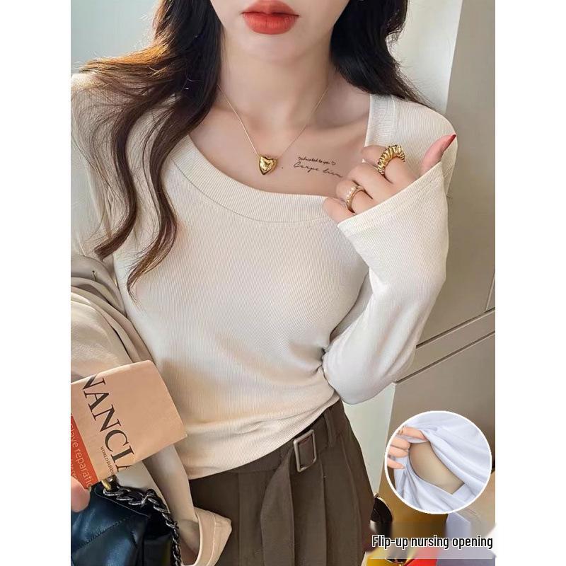 

Spring Maternity Nursing Top: Pure Cotton, Long Sleeve, Slim Fit, Versatile Base Layer for Breastfeeding Moms Postpartum. XL