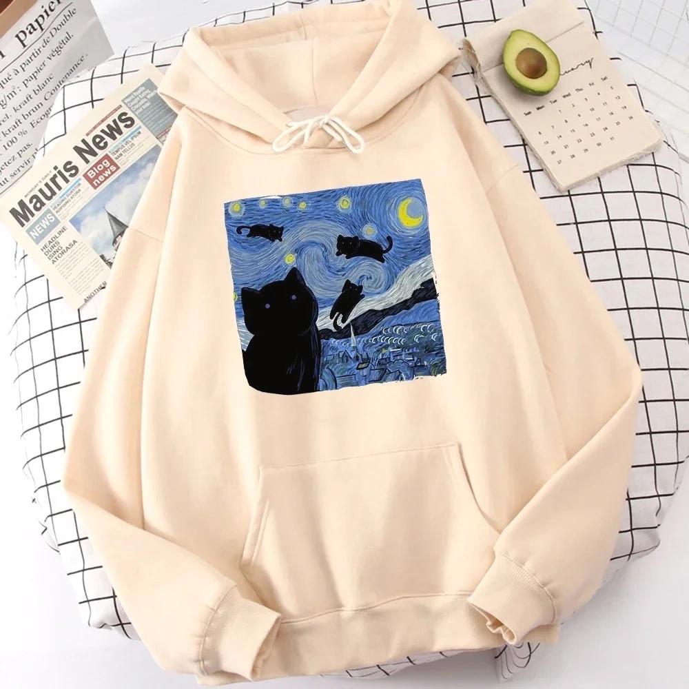 Starry Cat Night printed hoodie for men's autumn fashion cartoon sports sweatshirt