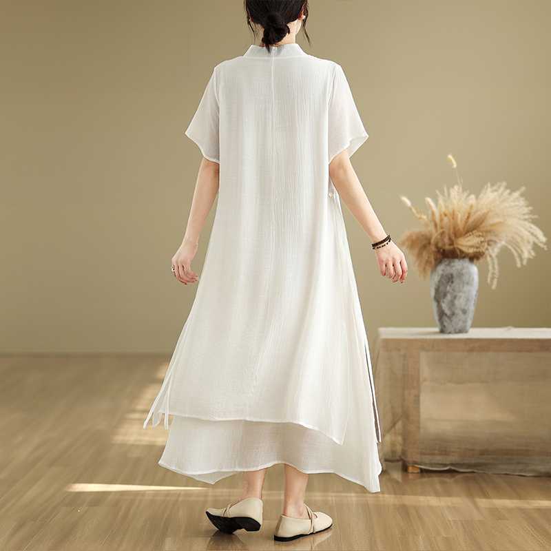 Summer Women's Short-sleeved Dress with Double Base Layers