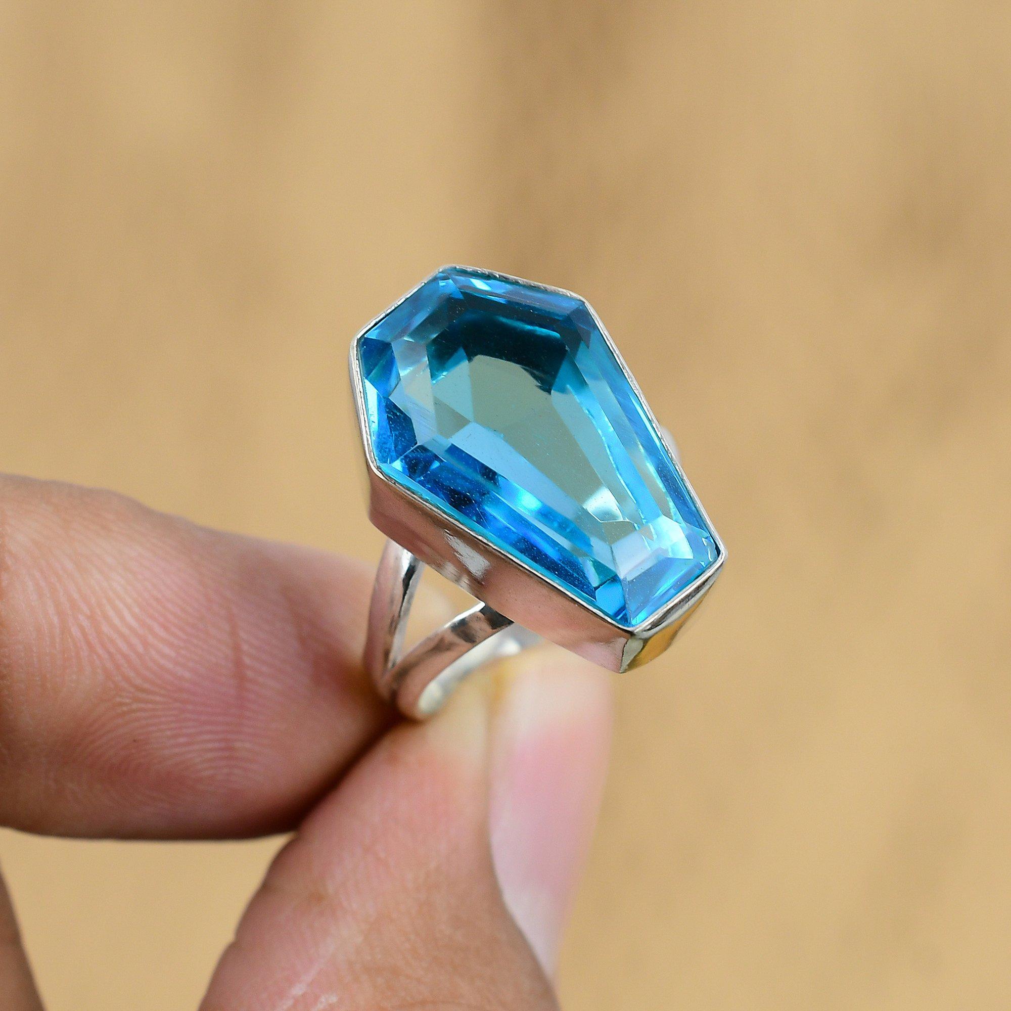 

Swiss Blue Topaz Gemstone 925 Silver New Coffin Handcrafted Ring Jewelry Size 8 No