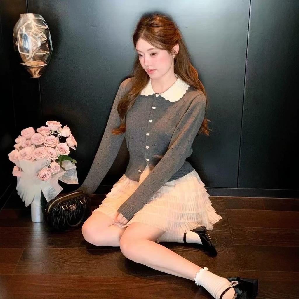 Navy blue contrasting color doll collar knitted cardigan women's spring, autumn and winter with 1011 new petal design long-sleeved top