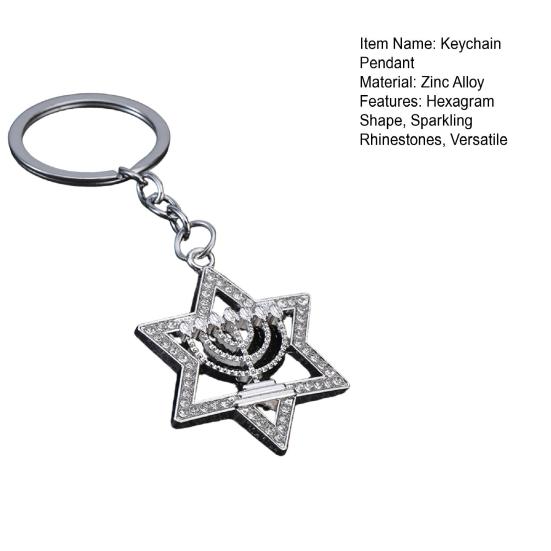 Keychain Pendant Sparkling Rhinestones Hexagram Shape Zinc Alloy Key Holder with Chain Buckle Design Backpack Accessory