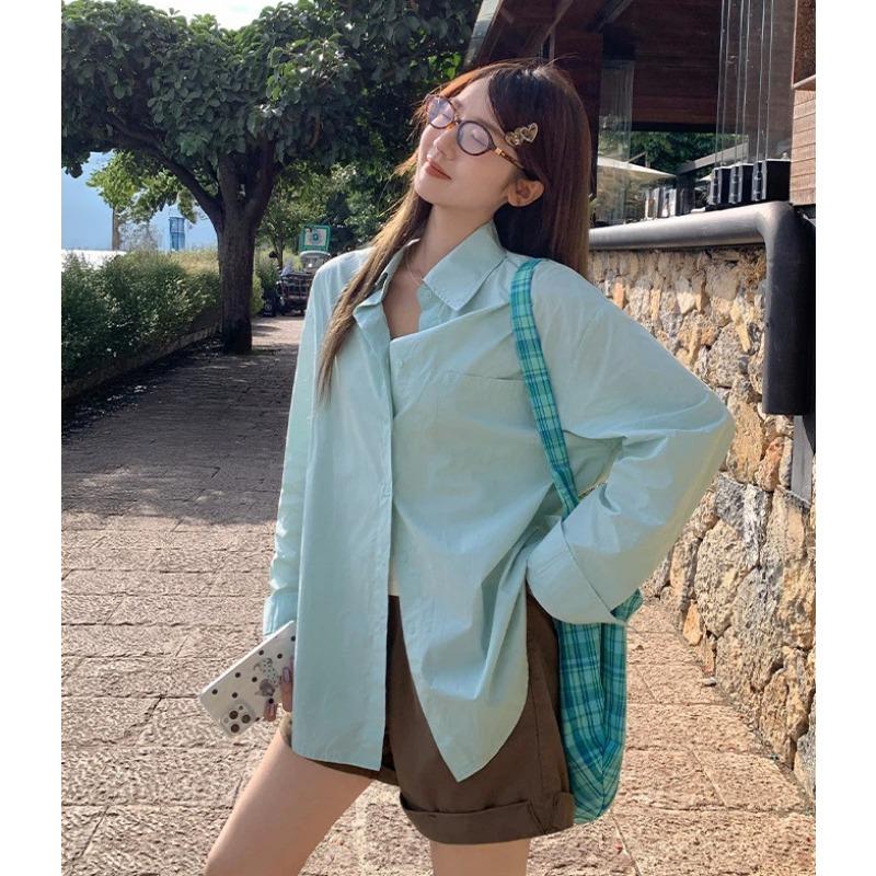 Lapel Long-sleeved Shirt Women's Autumn New Temperament Solid Color Casual Loose Top