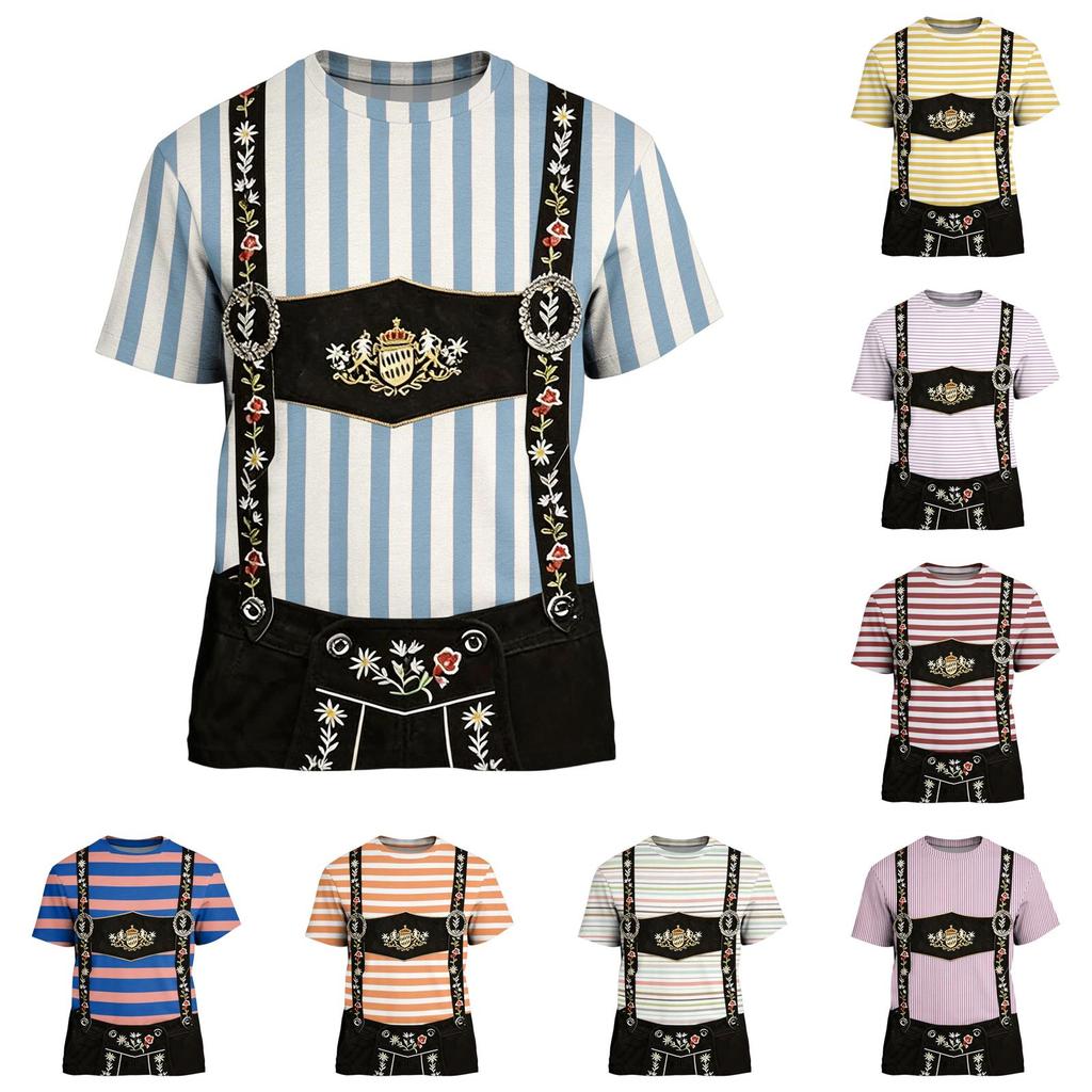 Men's Oktoberfest Vintage Texture Print Short Sleeve T Shirt Loose Fit Casual Summer Daily Top with Suspender Design