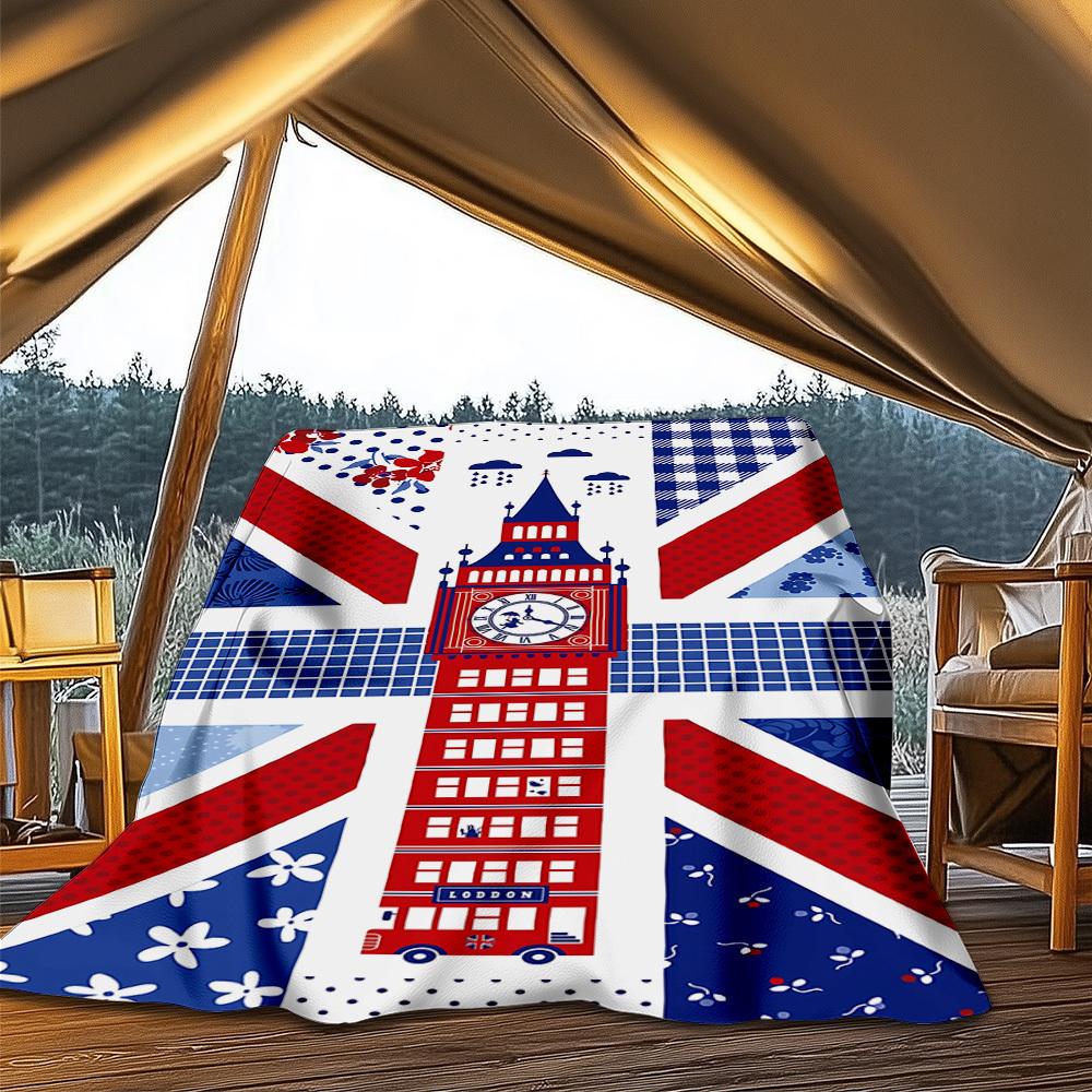 1pc Union Jack, Big Ben Outdoor Flannel Blanket for Girls Soft, Lightweight Throw Perfect for Camping, and Gifting, Digital