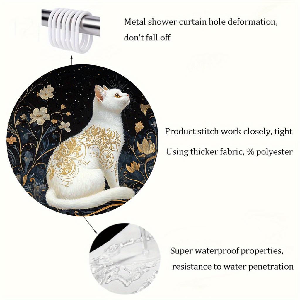 1 Elegant white cat and floral digital print shower curtain, machine washable, black background with gold and cream accents