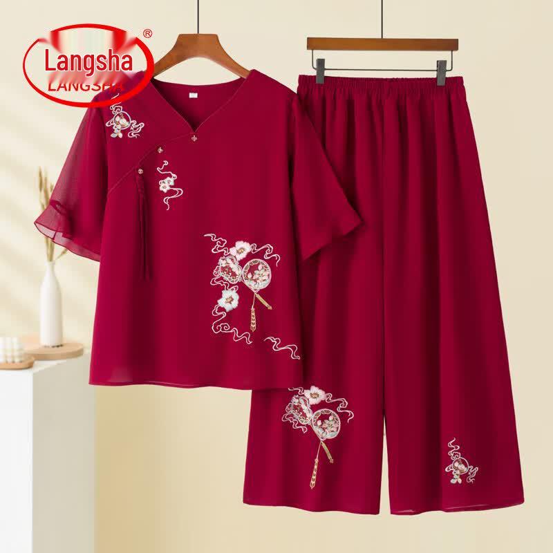 Langsha Women s New Chinese Style Embroidered Chiffon Two-Piece Set 5XL